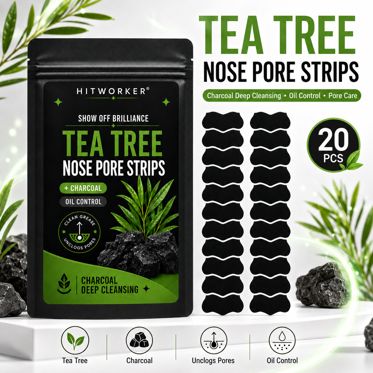 Charcoal Pore Strip - แผ่นแปะจมูกกำจัดสิวเสี้ยน 20 ชิ้น แผ่นแปะทำความสะอาดจมูกอย่างล้ำลึก ขจัดสิ่งสกปรก กระชับรูขุมขน