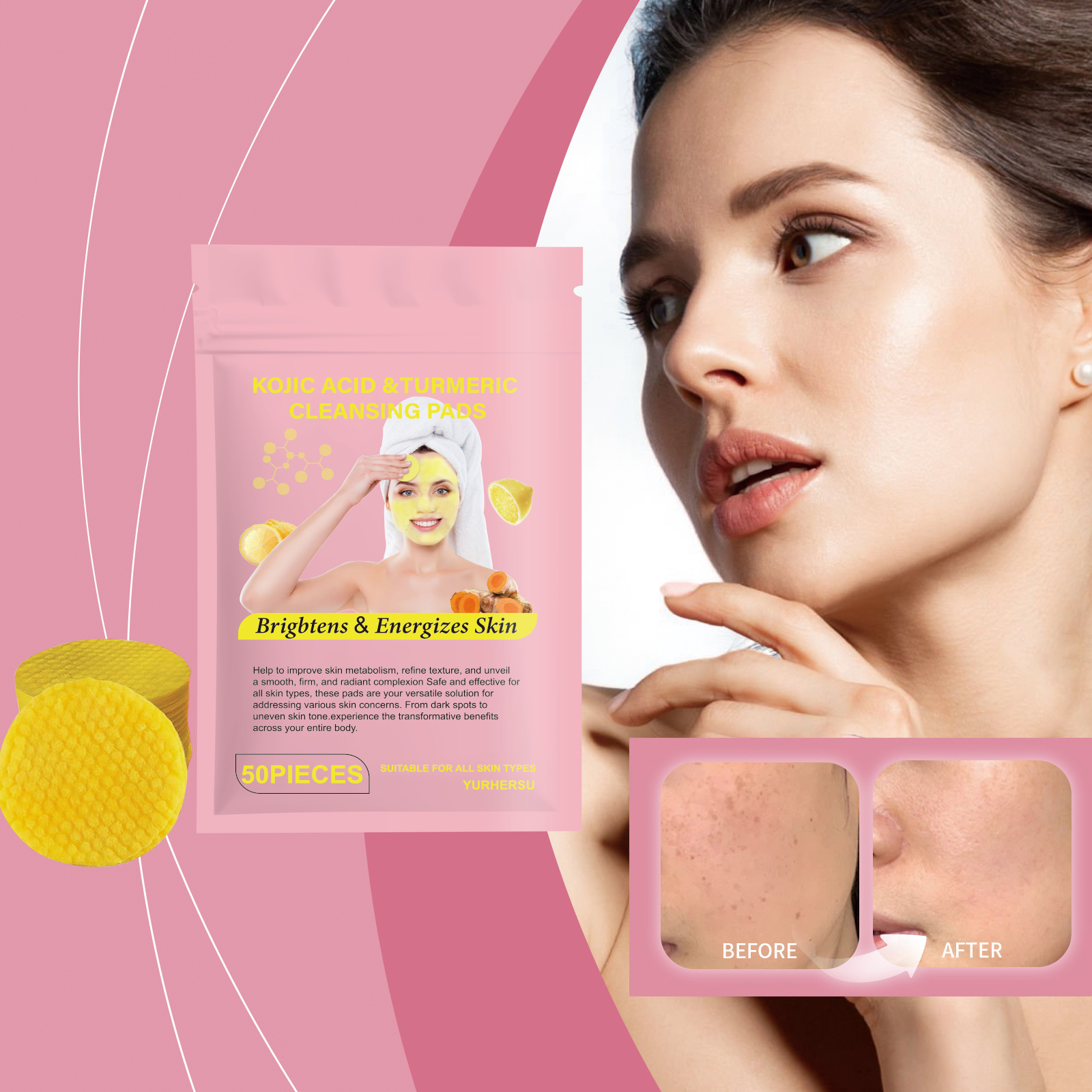 Skincare Natur E - แผ่นทำความสะอาดผิวหน้าขมิ้น 60 ชิ้น ผ้าเช็ดทำความสะอาดผิวหน้าอ่อนโยนทุกวันพร้อมสารสกัดจากขมิ้นธรรมชาติ แผ่นดูแลผิวหน้าทำความสะอาดล้ำลึกและควบคุมความมันเพื่อผิวเรียบเนียนสดชื่น โซลูชั่นผลิตภัณฑ์ดูแลผิวแบบพกพาสำหรับการเดินทางและการใช้ในบ้าน